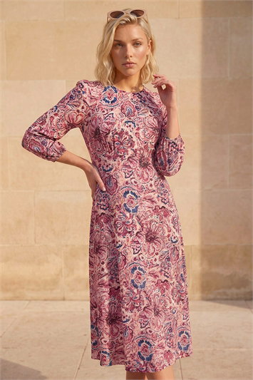 Pink Petite Abstract Print Midi Dress