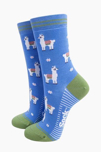 Blue Llama Floral Bamboo Socks In Blue