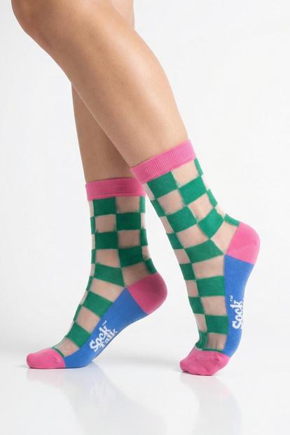 Multi Square Checkerboard Combed Cotton Sheer Pop Socks In Green
