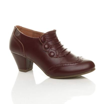 Black Mid Heel Brogue Button Ankle Boots Shoe Boots