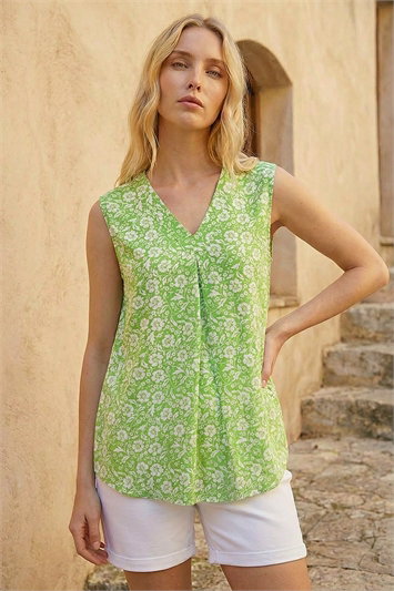 Green Floral V-Neck Vest Top