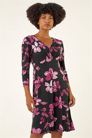 Pink Floral Print Gathered Stretch Midi Dress