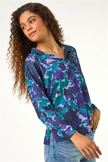 Abstract Print V-Neck Collar Top 19323060