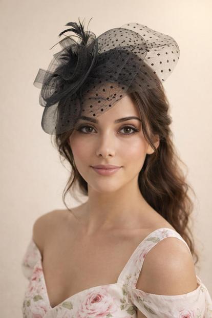 Black Feather & Polka Veil Fascinator In Black