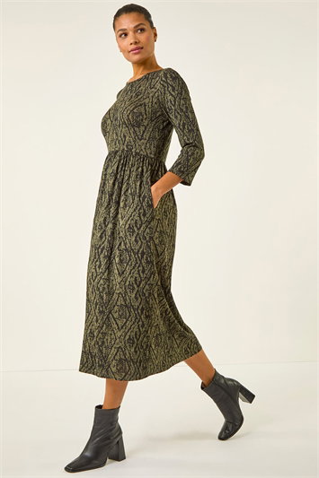 Green Abstract Print Midi Dress