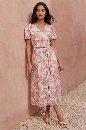 Pink Floral Print Puff Sleeve Midi Dress