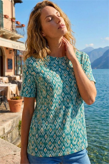 Blue Ikat Print Stretch T-Shirt