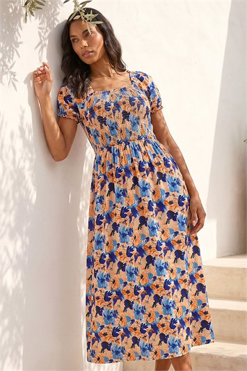 Orange Floral Print Shirred Stretch Maxi Dress
