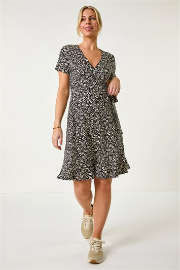 Petite Stretch Abstract Print Wrap Dress 14650008