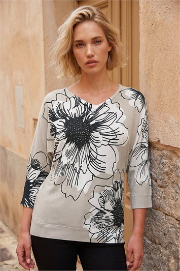 Grey Mono Embellished Floral V-Neck Jumper