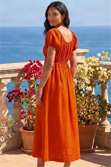Puff Sleeve Linen Blend Midi Dress 14704664