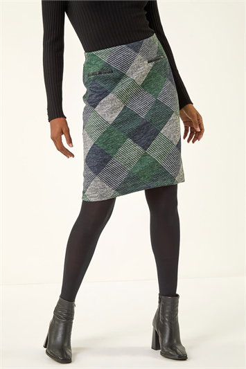 Green Check Print Pocket Stretch A Line Skirt