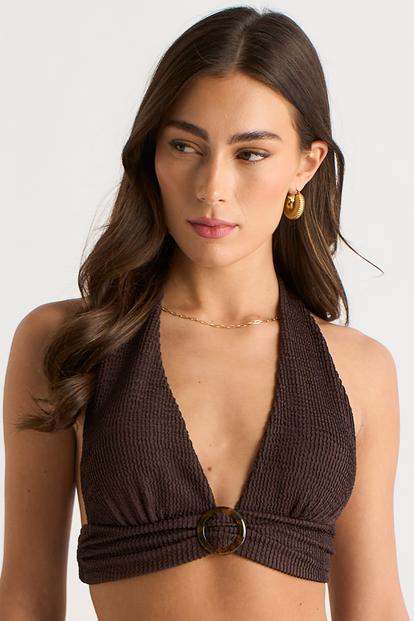 Brown Brown Textured Halter Bikini Top With Ring Detail