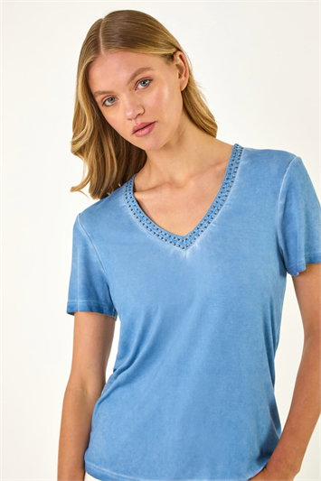 Blue Bead Trim Detail V-Neck Top