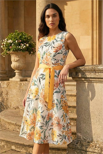 White Floral Print Lace Stretch Dress