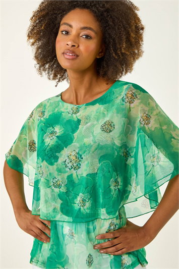 Green Floral Print Mesh Overlay Top