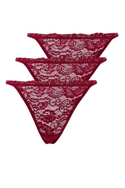 Red 3 Pack Lace Detail Knitted Thong Briefs Multipack