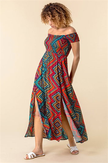 Shirred Aztec Print Bardot Dress 14101558