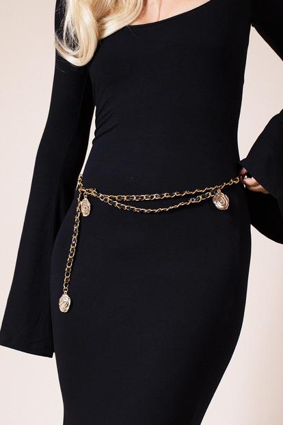 Black Rose Chain Faux Leather Belt In Black Gold