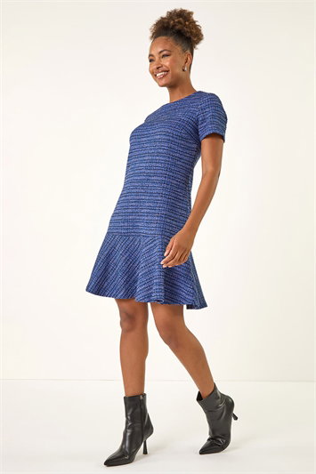 Blue Textured A-Line Stretch Dress