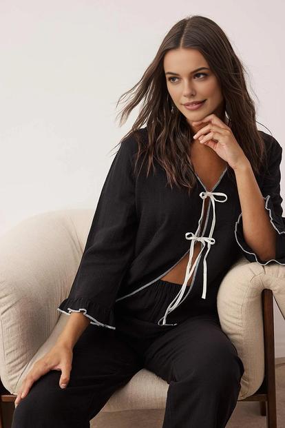 Black Bow Tie Cotton Muslin Contrast Trim Long Sleeve Pyjama Set