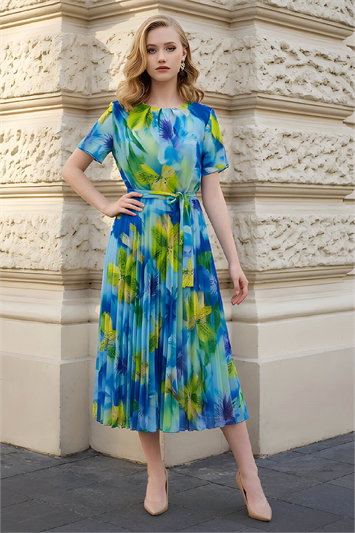 Blue Julianna Floral Pleated Dress