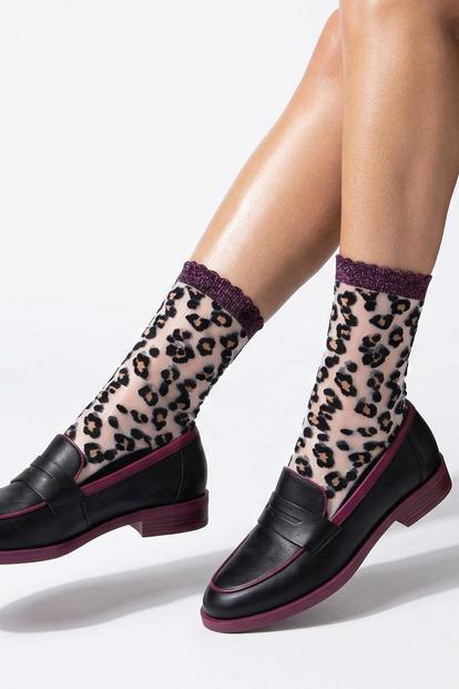 Black Leopard Print Combed Cotton Sheer Pop Socks In Black