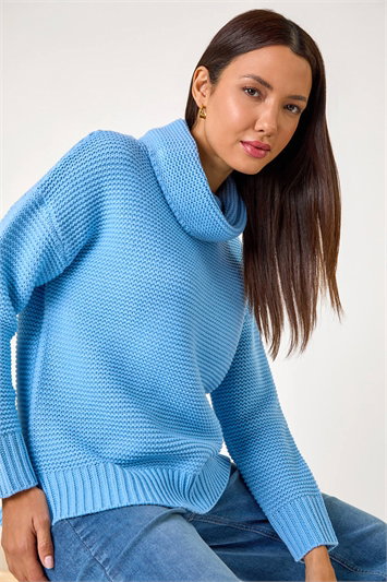 Blue Textured Cowl Neck Jumper