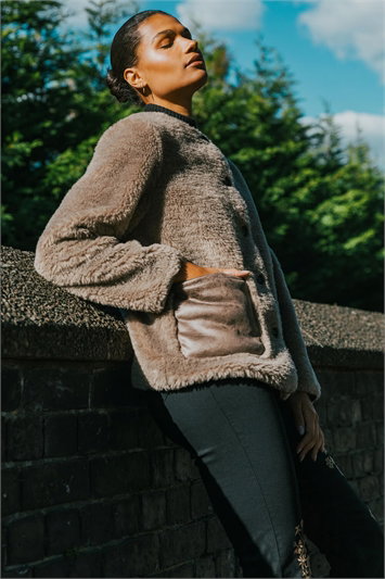 Cream Faux Fur Borg Front Pocket Jacket