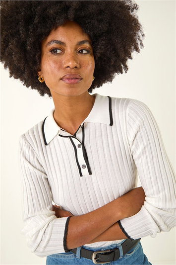 White Textured Colour Block Knit Jumper