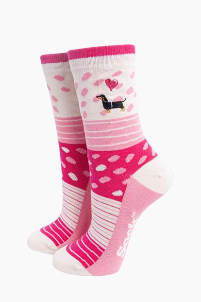 Pink Embroidered Sausage Dog Combed Cotton Socks