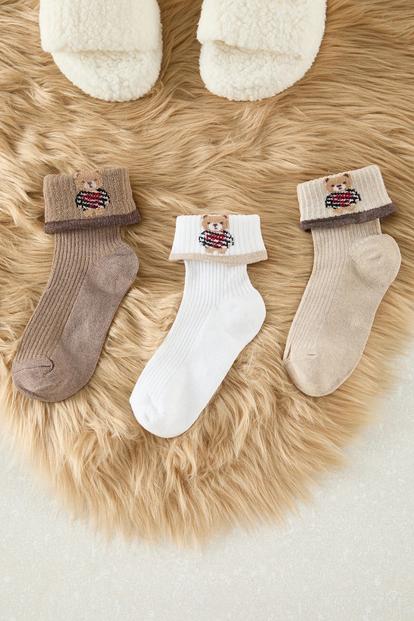 Multi 3 Pack Teddy Bear Jacquard Knit Crew Socks