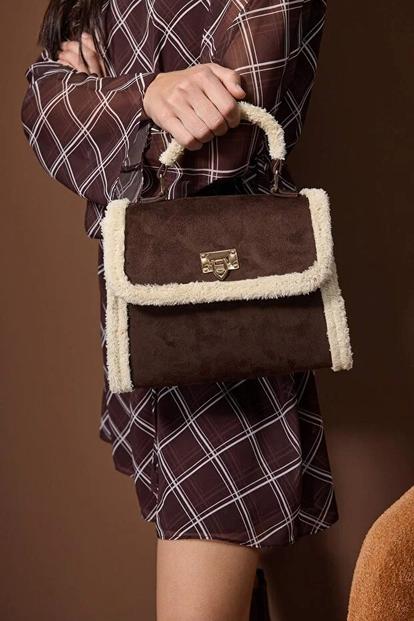 Brown Women's Faux Suede Borg Trim Top Handle Satchel Bag With Turn Lock