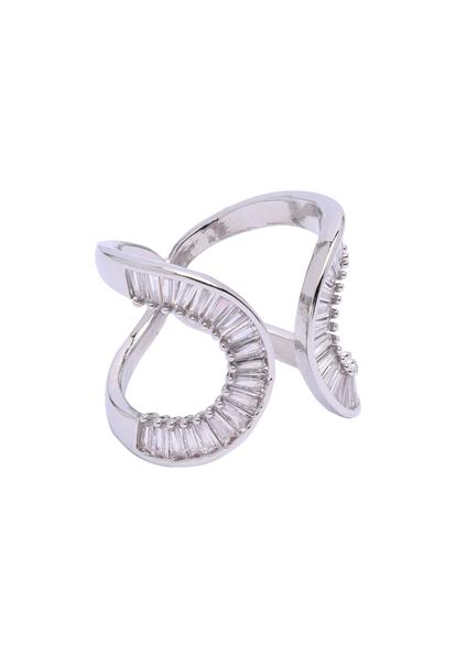 Metallic Silver Crescent Glam Ring - Free-Size