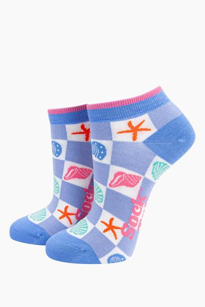 Blue Seashell Checkerboard Bamboo Trainer Socks