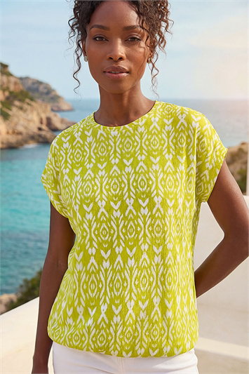 Green Ikat Print Bubble Hem Top