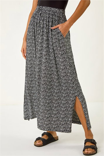 Black Animal Print Split Stretch Skirt