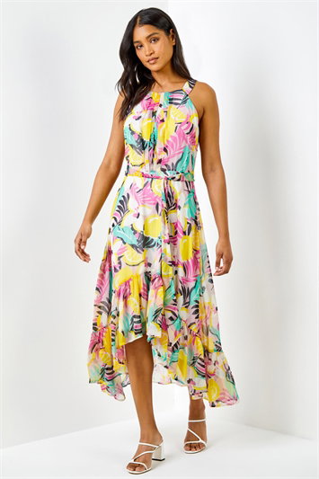 Tropical Print Halter Neck Chiffon Dress 14095572