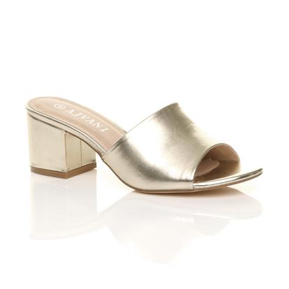 Black Mid Block Heel Peep Toe Mules Sandals