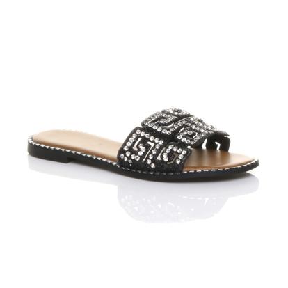 Black Flat Diamante Mule Sandals Flip Flips Sliders