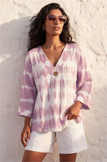 Cotton Tie Dye Button Detail V-Neck Top 20149253