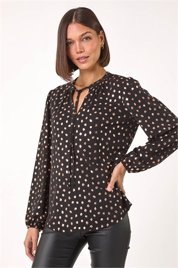 Black Spot Print Foil Tie Neck Top