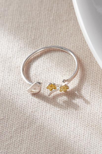 Metallic Sterling Silver Bird Floral Branch Ring