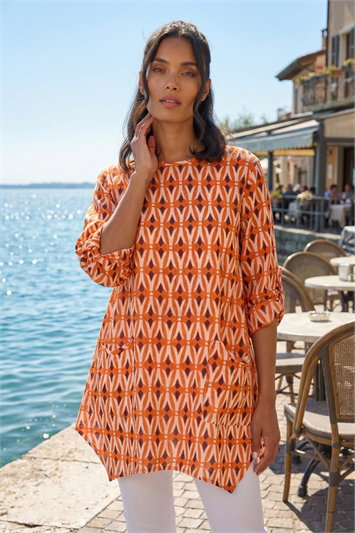 Orange Cotton Geometric Pocket Longline Tunic Top