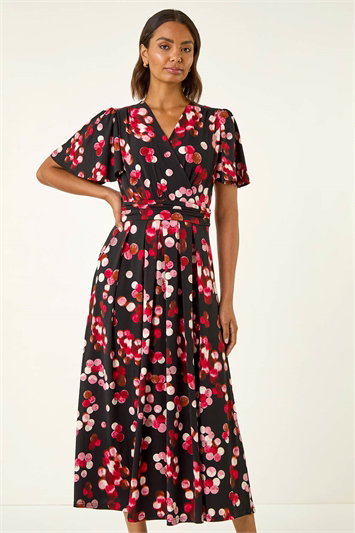 Red Spot Print Wrap Midi Dress