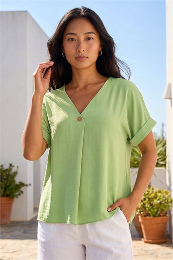 Green Petite One Buttoned V-Neck Top