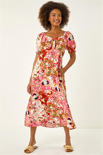 Floral Print Tie Front Midi Dress 14728472