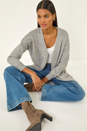 Grey Floral Embellished Knit Cardigan