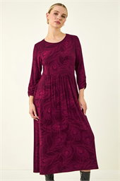 Petite Feather Print Stretch Midi Dress