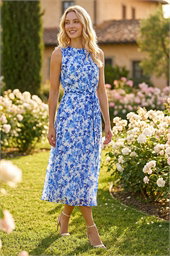 Floral Print Pleat Neck Midi Dress